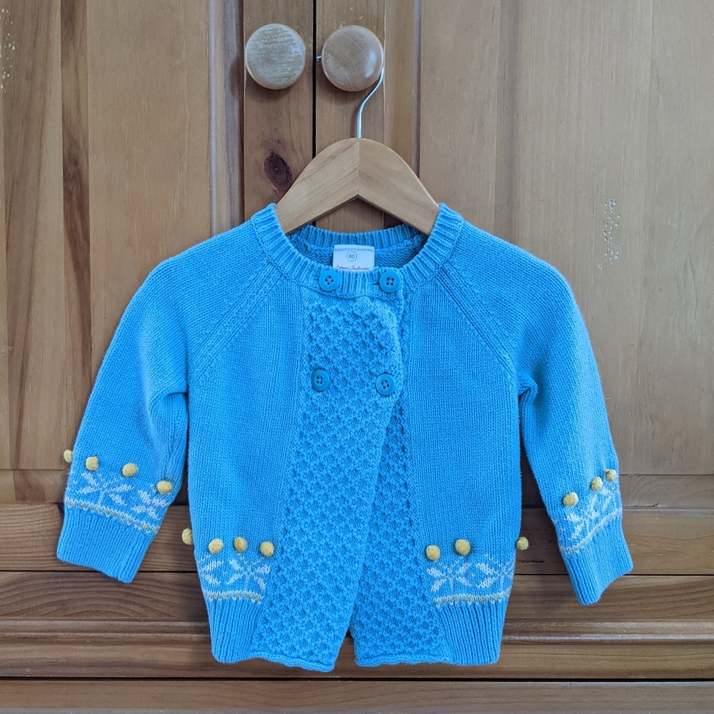 Hanna Andersson cardigan baby blue,  yellow ball details, white embroidery